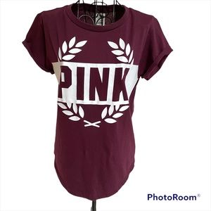 PINK Victoria’s Secret Maroon w/ White Logo Short Cuffed Sleeve Shirt Size S
